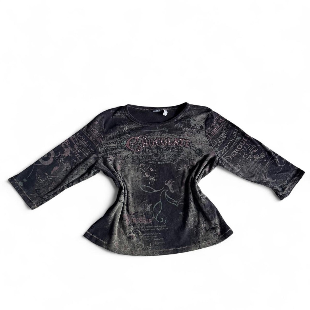 Y2K Vintage Chocolate Graphic 3/4 Sleeve Raglan Tee | 90s Distressed Gothic